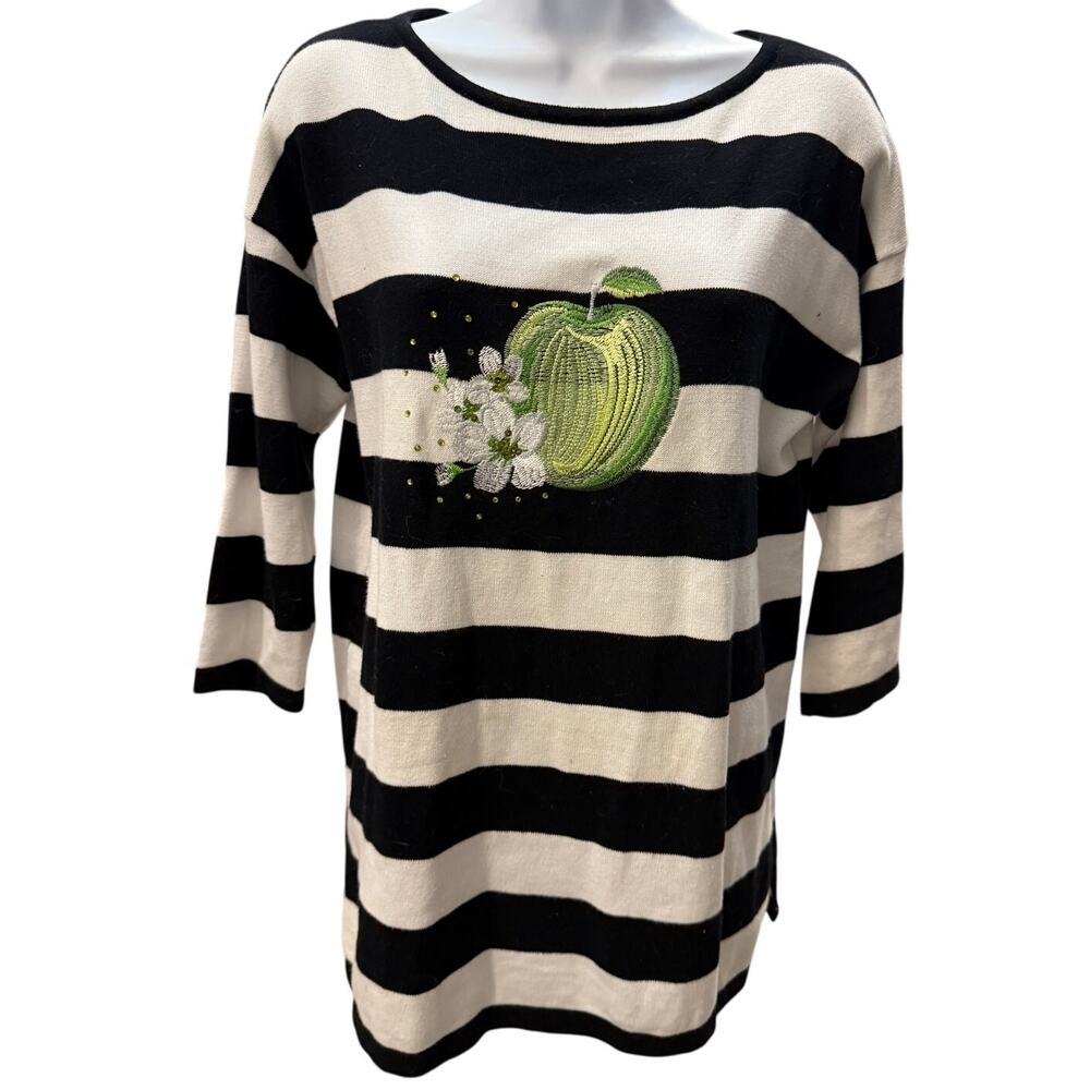 Bua Bua Women’s S Striped Embroidered Green Apple Sweater Teacher Novelty Top